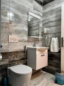 Şahin Tepesi Suite Otel في طرابزون: حمام مع مرحاض ومغسلة ومرآة