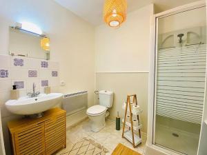 La salle de bains est pourvue d'un lavabo, de toilettes et d'une douche. dans l'établissement Au Calme Confort & Proche Centre, au Mans