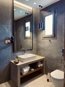 W łazience znajduje się umywalka, toaleta i lustro. w obiekcie Irene's Resort w mieście Kato Loutraki