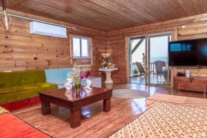 a living room with a couch and a tv and a table at Vibe Naftali Estate in Ramot Naftali