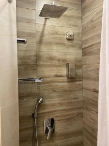 a shower with a shower head in a bathroom at City centre stylish apartament with private backyard in Sofia