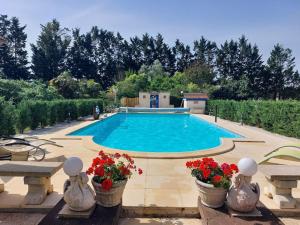 a swimming pool with flowers in flower pots in a yard at La Batisse in Saint-Laurent