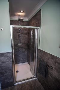 y baño con ducha y mampara de cristal. en Owlswood Apartments en Edinbain