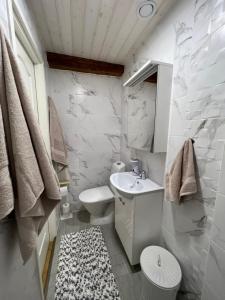 a white bathroom with a sink and a toilet at Karlova Manor Apartments in Tartu