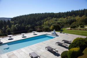 a swimming pool in a yard with chairs and trees at Château de Cachard in Boffres