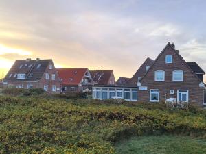 un grupo de casas en una colina con la puesta de sol en Seevilla Wietjes Whg 3 en Baltrum