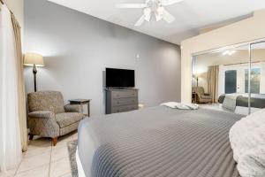 1 dormitorio con 1 cama, TV y silla en Hillview Haven, en Mesa