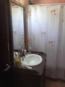 La salle de bains est pourvue d'un lavabo et d'un miroir. dans l'établissement Cabaña Quela, à San Martín de los Andes