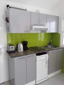 a kitchen with white cabinets and green walls at Très BEAU BUNGALOW,JARDIN TROPICAL, RENOVATION ETE 2020 in Playa del Ingles