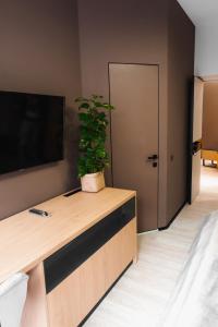 ein Wohnzimmer mit einem TV und einer Topfpflanze in der Unterkunft Miracle Place in Iwano-Frankiwsk