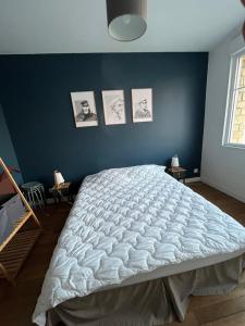 ヴィムルーにあるVilla Sainte Margueriteの青い壁のベッドルーム1室(大型ベッド1台付)