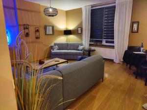 un salon avec un canapé et une table dans l'établissement B&B Leopold Appartementen & studio's, à Saint-Trond