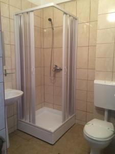 a bathroom with a shower with a toilet and a sink at Hotel Uranus in Bucharest