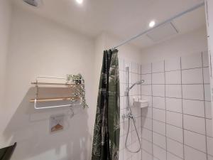 a bathroom with a shower with a shower curtain at Les studios de Théophile - Calme absolu - Wifi - Centre historique in Arles +40 photos