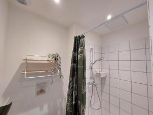 a bathroom with a shower with a shower curtain at Les studios de Théophile - Calme absolu - Wifi - Centre historique in Arles