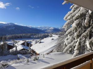 a view of a snowy mountain with snow covered trees at Apartment Impéria 10 by Interhome in Crans-Montana