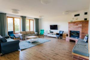 a living room filled with furniture and a fireplace at Rose Hip Hill Guesthouse in Valea Tîrnei
