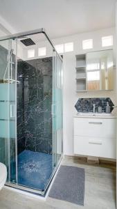 a bathroom with a glass shower and a sink at LeRouget : Hypercentre / Jardin aménagé / Hamak in Moissy-Cramayel