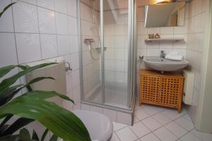 een badkamer met een douche, een wastafel en een toilet bij Huuske bi de kark in Krummhörn