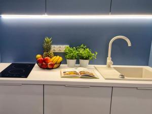 a kitchen counter with a bowl of fruit and a sink at Apartament Eveline in Kołobrzeg