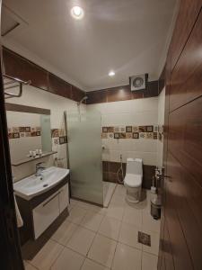 uma casa de banho com um chuveiro, um lavatório e um WC. em فندق تـاج النخبة - Taj Nakhba Hotel em Jazan