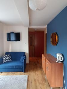uma sala de estar com um sofá azul e uma parede azul em Szarotka Pienińska em Szczawnica