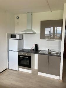 eine kleine Küche mit Spüle und Kühlschrank in der Unterkunft Studio idéal pour cure thermale in Balaruc-les-Bains