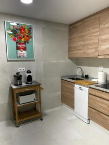 - une cuisine avec des placards en bois et un lave-vaisselle blanc dans l'établissement PISO CENTRO - CONCORDIA, à Ourense