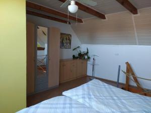 1 dormitorio con 1 cama y ventilador de techo en Apartmán na statku, en Klec