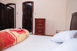 1 dormitorio con 1 cama blanca grande con almohada en Tomorrow Land villa en Luxor