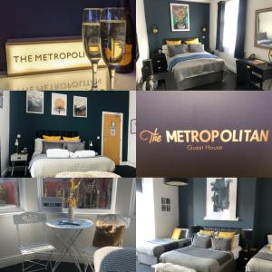 a collage of photos of a hotel room with beds and wine glasses at The Metropolitan Guest House in Whitley Bay