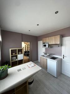 een keuken met een wit aanrecht in een kamer bij Maisonnette de charme aux portes d'Hossegor in Bénesse-Maremne
