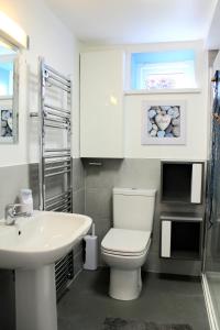 a bathroom with a white toilet and a sink at May View - Luxury Sea View Apartment - Millendreath, Looe in Looe