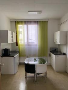 a kitchen with a table and a green curtain at Top-Apartment in Mürzzuschlag