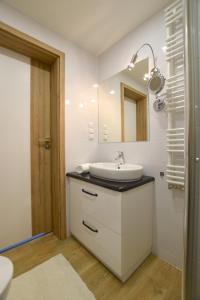a bathroom with a sink and a mirror at Apartament Na Bukowej - Wisła, widokowe studio in Wisła