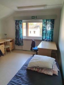 - une chambre avec un lit, un bureau et une fenêtre dans l'établissement Hostelli Kotiranta, à Lieksa
