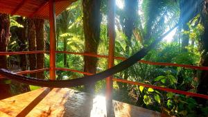 a hammock in a tree house in the jungle at Encanto Lodge in Drake