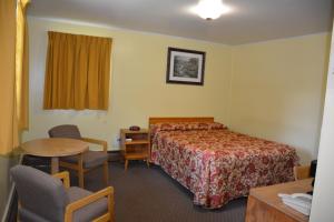 une chambre d'hôtel avec un lit, une table et des chaises dans l'établissement The Village Motel, à Richfield Springs