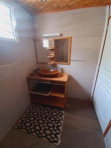 een kleine badkamer met een wastafel en een spiegel bij Chalet de la Mare. in Salazie