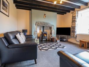 a living room with a couch and a fireplace at Ynys in Dyffryn