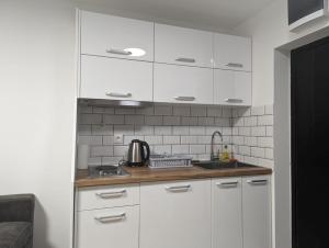 a kitchen with white cabinets and a sink at Kod Strica in Kopaonik