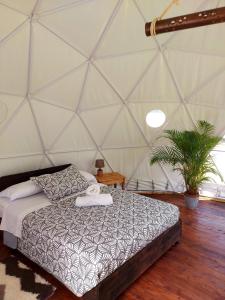 ein Schlafzimmer mit einem Bett in einem Zelt in der Unterkunft Yubarta Lodge in Uvita