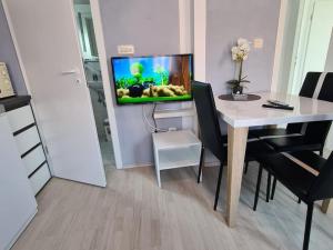Televízia a/alebo spoločenská miestnosť v ubytovaní Apartmani Lana, 40 metara do mora, Seline (4+1)