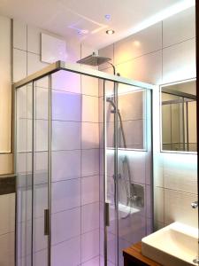 a glass shower in a bathroom with a sink at Pension Vocario in Pfarrwerfen