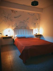 una camera con un grande letto con copriletto rosso di Alojamiento Belen Catamarca a Belén