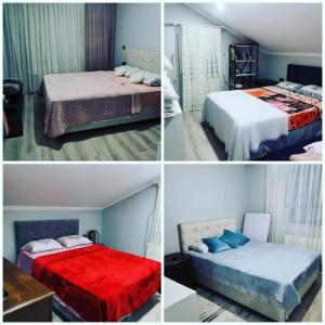 four different pictures of a bedroom with two beds at BÖ villa in Macka