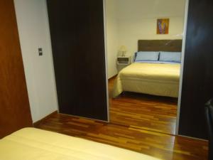 1 dormitorio con 1 cama en el espejo en APARTAMENTOS TEMPORARIOS EN LA PLATA ( minimo de alquiler 3 dias- La reserva solo se confirma con mensaje al Whasapp de la foto) . Avenida 19 casi 42 La Plata en La Plata