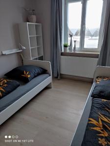 1 dormitorio con 2 camas y ventana en Ferienwohnung Henny, en Wismar