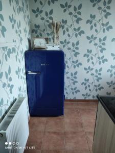 a blue refrigerator in a room with a wall at Ferienwohnung Henny in Wismar
