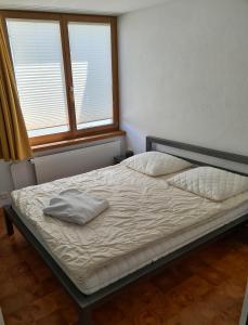 1 cama en un dormitorio con 2 ventanas en Luegisland 1 Bühlmann, en Arosa